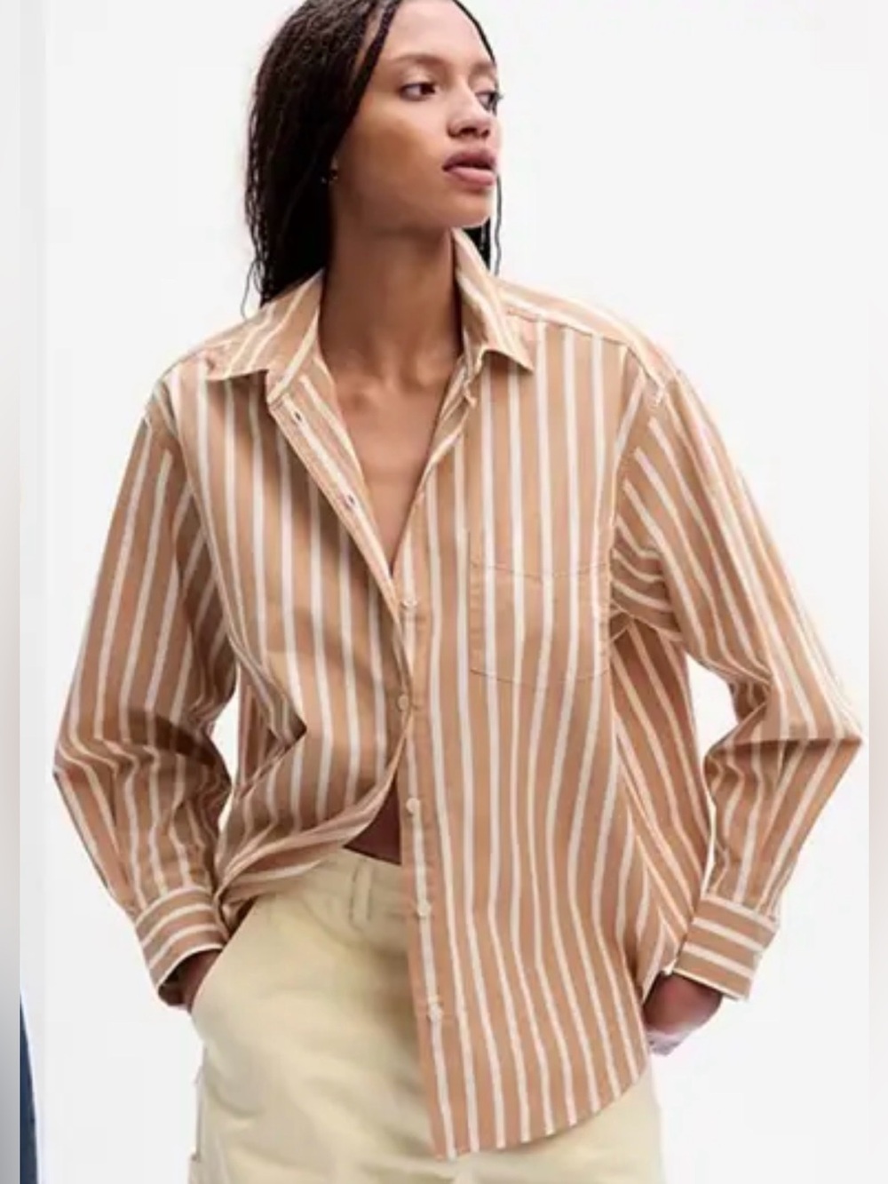 GAP The Big Shirt Tan and White Vertical Stripe Button-Down
